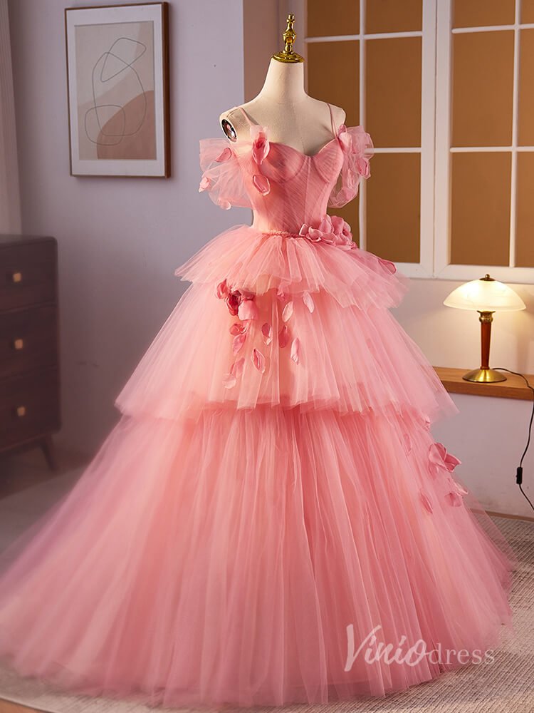 Pink Pleated Tiered Rosette Prom Dresses Spaghetti Strap Puffed Sleeve 90025-prom dresses 2025 -Viniodress-Pink-Custom Size-
