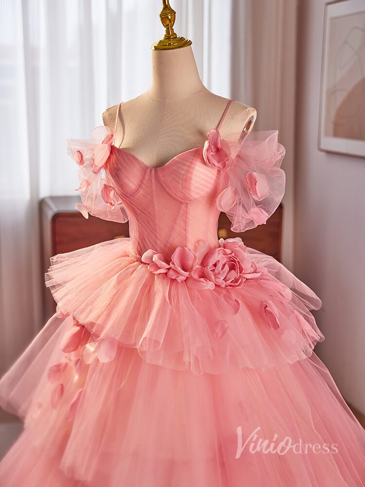 Pink Pleated Tiered Rosette Prom Dresses Spaghetti Strap Puffed Sleeve 90025-prom dresses 2025 -Viniodress-Pink-Custom Size-