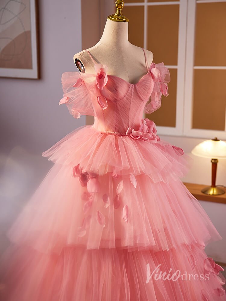 Pink Pleated Tiered Rosette Prom Dresses Spaghetti Strap Puffed Sleeve 90025-prom dresses 2025 -Viniodress-Pink-Custom Size-