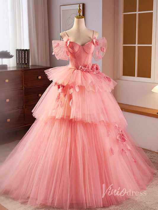 Pink Pleated Tiered Rosette Prom Dresses Spaghetti Strap Puffed Sleeve 90025 - Viniodressprom dressesPinkCustom Size - Formal Dresses - Ball Gowns