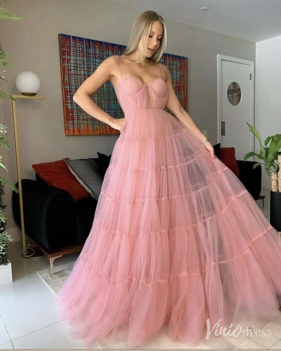 Pink Pleated Tulle Prom Dresses Spaghetti Strap Formal Gown FD4090-prom dresses-Viniodress-Pink-Custom Size-Viniodress