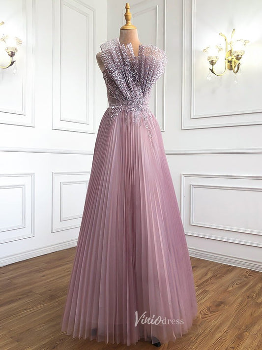 Pink Pleated Tulle Prom Dresses Strapless Beaded Evening Gowns 20047-Evening Dresses 2025 -Viniodress-Pink-US 2-