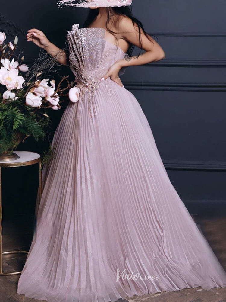 Pink Pleated Tulle Prom Dresses Strapless Beaded Evening Gowns 20047-Evening Dresses 2025 -Viniodress-Pink-US 2-
