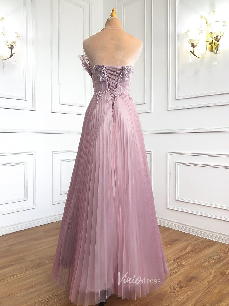 Pink Pleated Tulle Prom Dresses Strapless Beaded Evening Gowns 20047-Evening Dresses 2025 -Viniodress-Pink-US 2-