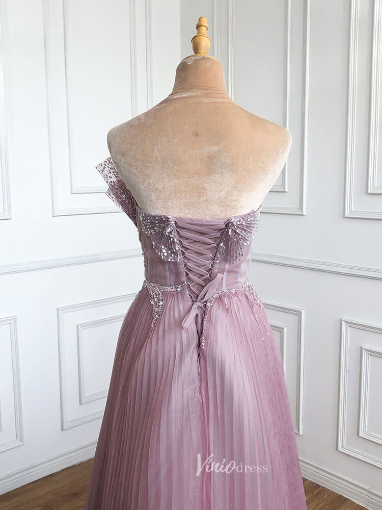 Pink Pleated Tulle Prom Dresses Strapless Beaded Evening Gowns 20047-Evening Dresses 2025 -Viniodress-Pink-US 2-