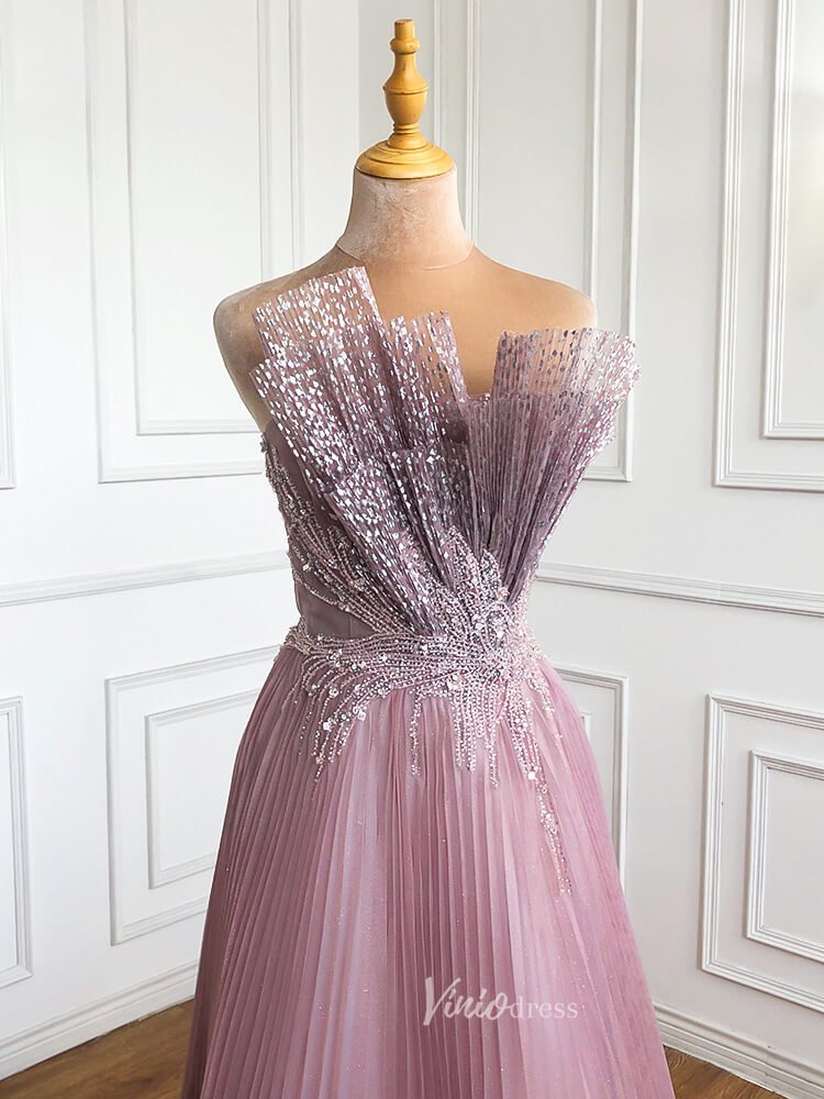 Pink Pleated Tulle Prom Dresses Strapless Beaded Evening Gowns 20047-Evening Dresses 2025 -Viniodress-Pink-US 2-