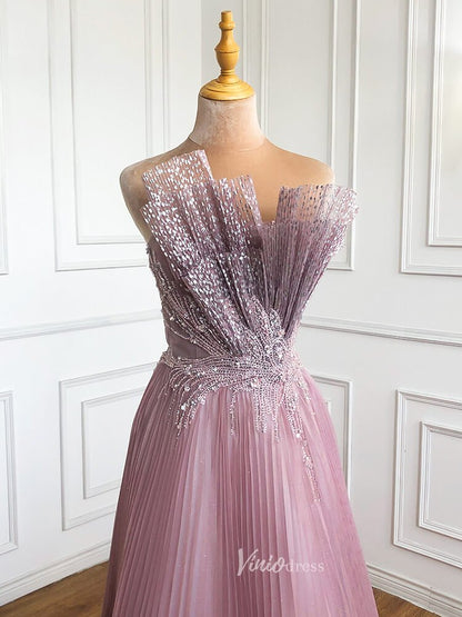 Pink Pleated Tulle Prom Dresses Strapless Beaded Evening Gowns 20047-Evening Dresses 2025 -Viniodress-Pink-US 2-