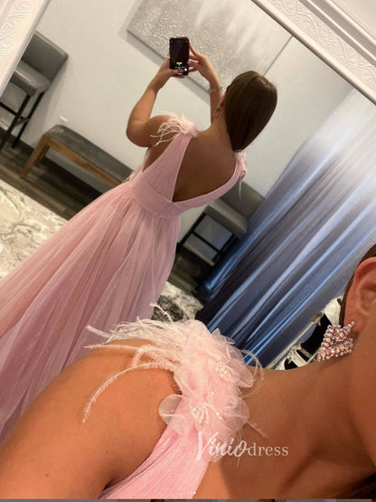 Pink Plunging V-Neck Prom Dresses Feathers Evening Dress FD3034-prom dresses 2025 -Viniodress-Pink-Custom Size-