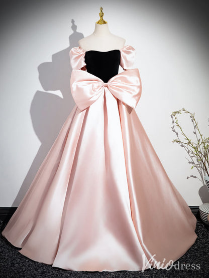 Pink Puffed Sleeve Bow-Tie Prom Dresses Satin Formal Dress AD1343-prom dresses 2025 -Viniodress-Pink-Custom Size-