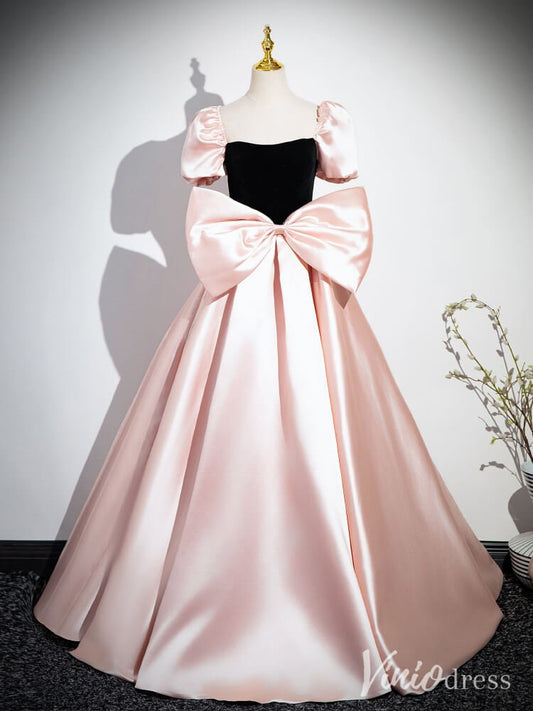 Pink Puffed Sleeve Bow-Tie Prom Dresses Satin Formal Dress AD1343-prom dresses 2025 -Viniodress-Pink-Custom Size-