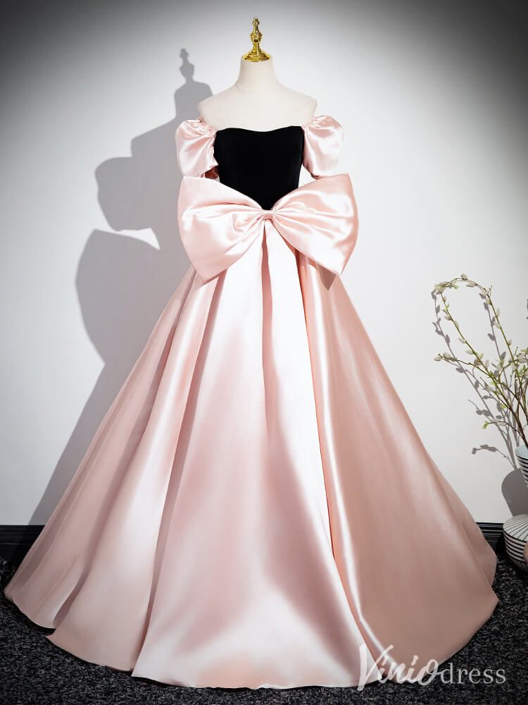 Pink Puffed Sleeve Bow-Tie Prom Dresses Satin Formal Dress AD1343-prom dresses-Viniodress-Viniodress