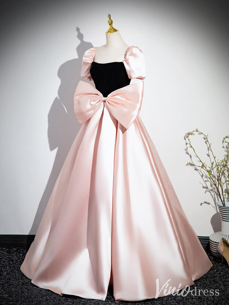 Pink Puffed Sleeve Bow-Tie Prom Dresses Satin Formal Dress AD1343-prom dresses-Viniodress-Viniodress