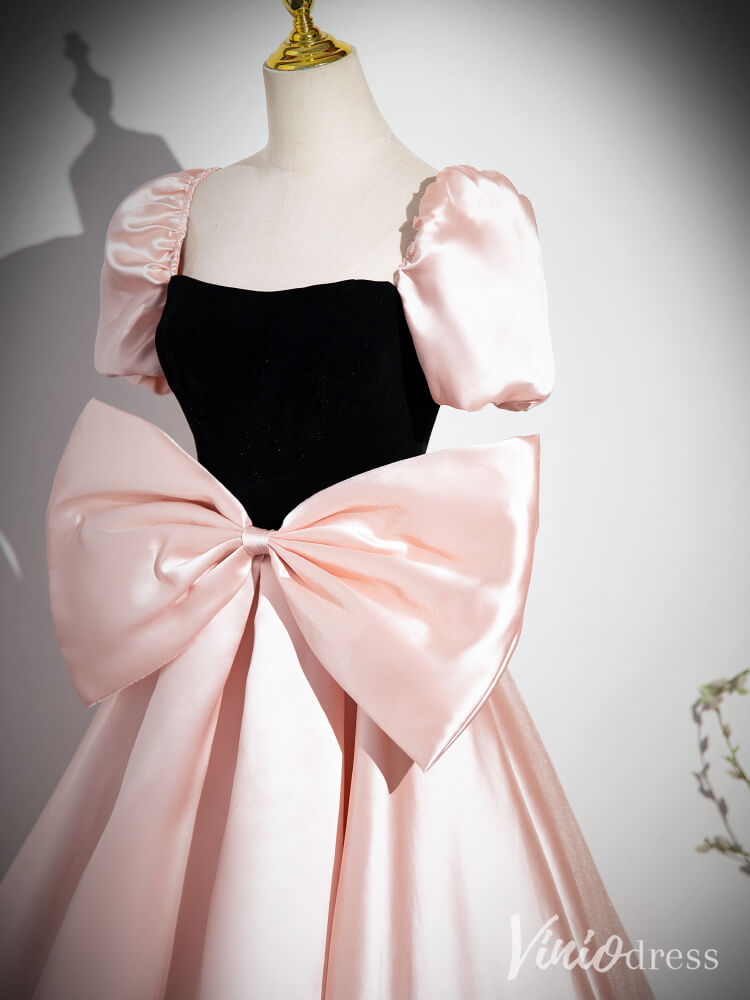 Pink Puffed Sleeve Bow-Tie Prom Dresses Satin Formal Dress AD1343-prom dresses-Viniodress-Viniodress