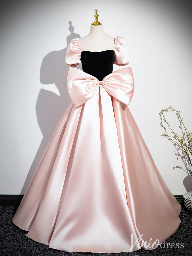 Pink Puffed Sleeve Bow-Tie Prom Dresses Satin Formal Dress AD1343-prom dresses-Viniodress-Pink-Custom Size-Viniodress