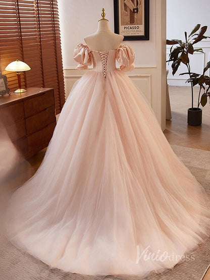 Pink Puffed Sleeve Prom Dresses Boned Boidce Sweetheart Neck Quinceanera Dress 90031-prom dresses 2025 -Viniodress-Pink-Custom Size-