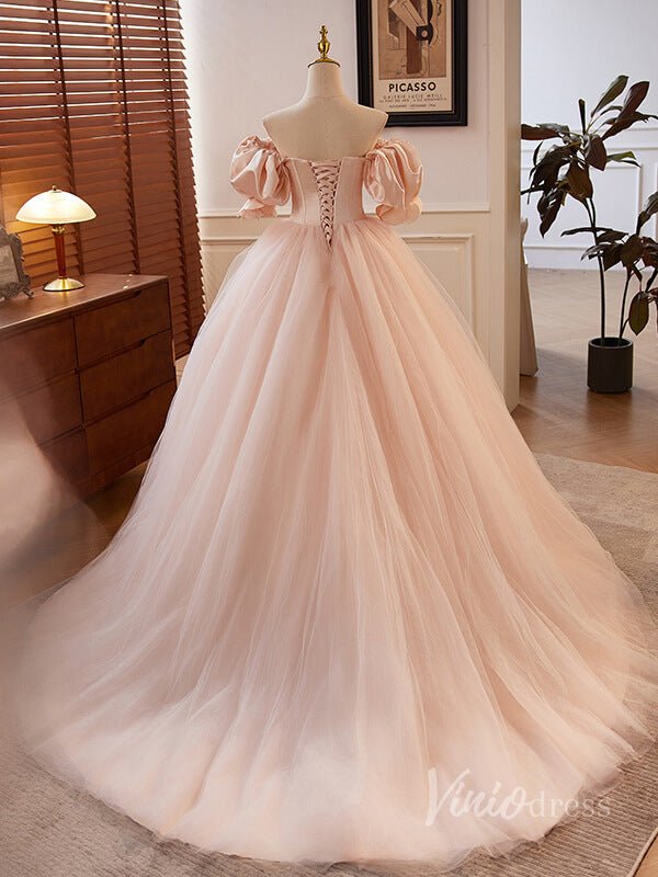Pink Puffed Sleeve Prom Dresses Boned Boidce Sweetheart Neck Quinceanera Dress 90031-prom dresses 2025 -Viniodress-Pink-Custom Size-