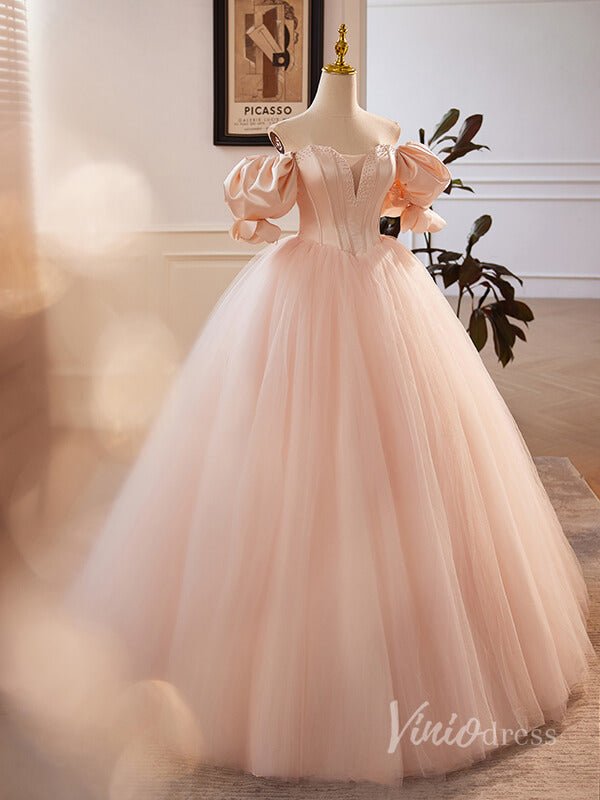 Pink Puffed Sleeve Prom Dresses Boned Boidce Sweetheart Neck Quinceanera Dress 90031-prom dresses 2025 -Viniodress-Pink-Custom Size-