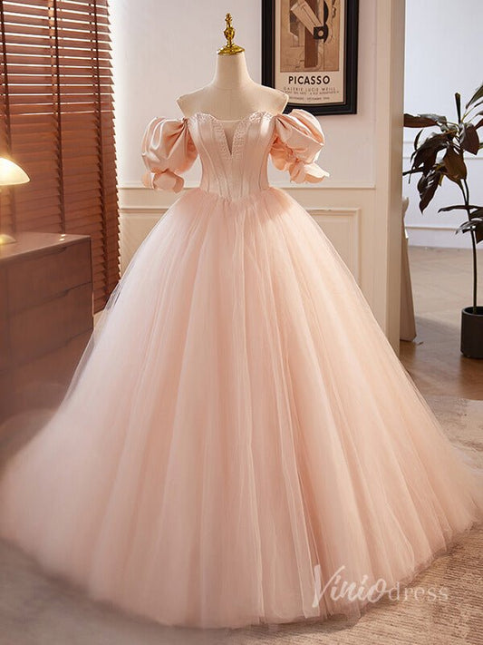 Pink Puffed Sleeve Prom Dresses Boned Boidce Sweetheart Neck Quinceanera Dress 90031 - Viniodressprom dressesPinkCustom Size - Formal Dresses - Ball Gowns