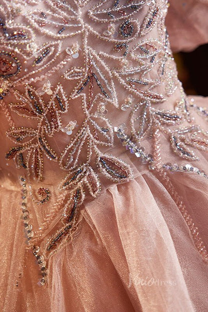 Pink Puffed Sleeve Quinceanera Dresses Beaded Lace Ball Gown AD1053-prom dresses 2025 -Viniodress-Pink-Custom Size-