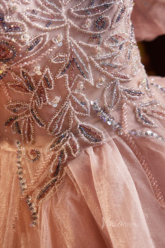 Pink Puffed Sleeve Quinceanera Dresses Beaded Lace Ball Gown AD1053-prom dresses 2025 -Viniodress-Pink-Custom Size-