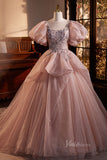 Pink Puffed Sleeve Quinceanera Dresses Beaded Lace Ball Gown AD1053