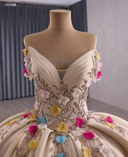 Pink Quinceañera Ball Gown | Gold Embroidered Dress with Multicolor 3D Flowers & Ruffled Train 251088-Quinceanera Dresses 2025 -Viniodress-Champagne-Custom Size-