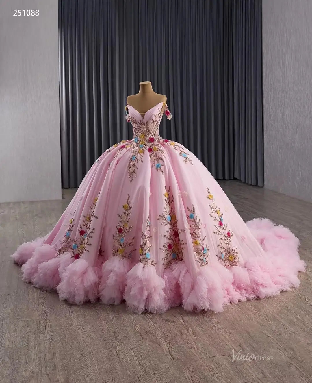 Pink Quinceañera Ball Gown | Gold Embroidered Dress with Multicolor 3D Flowers & Ruffled Train 251088-Quinceanera Dresses 2025 -Viniodress-Champagne-Custom Size-