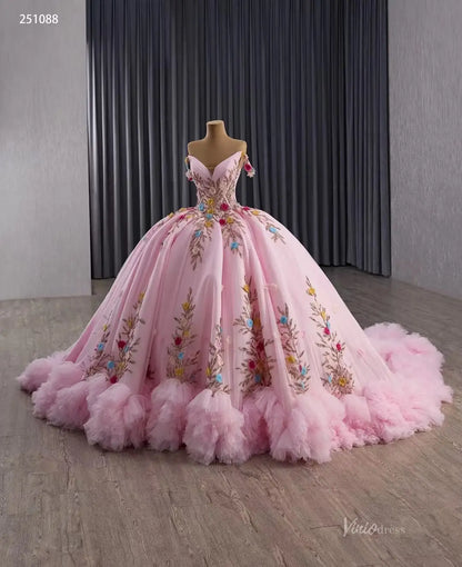 Pink Quinceañera Ball Gown | Gold Embroidered Dress with Multicolor 3D Flowers & Ruffled Train 251088-Quinceanera Dresses 2025 -Viniodress-Champagne-Custom Size-