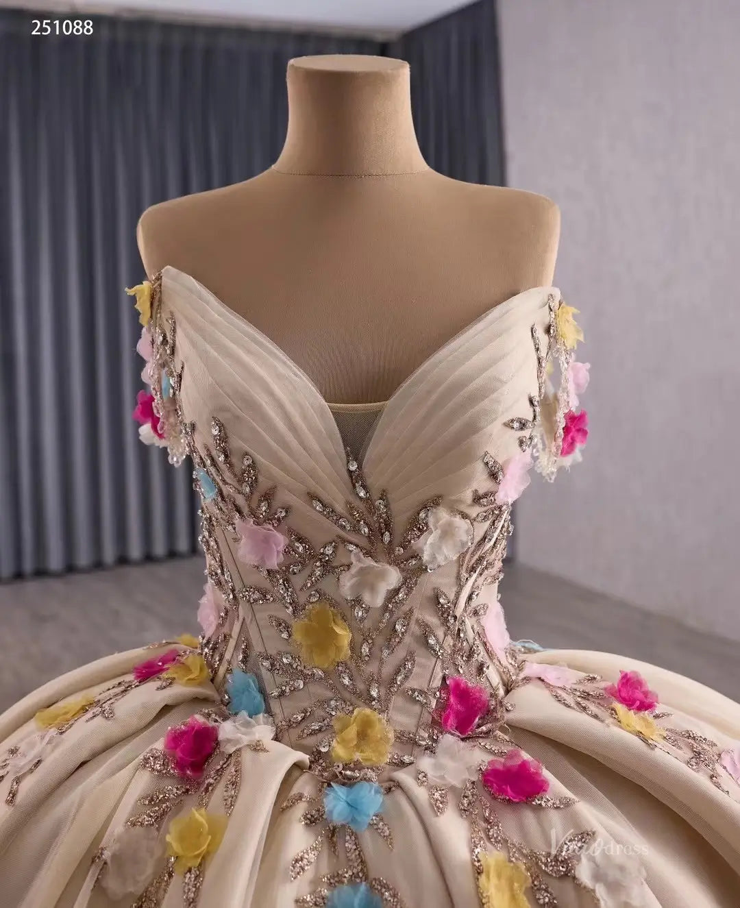 Pink Quinceañera Ball Gown | Gold Embroidered Dress with Multicolor 3D Flowers & Ruffled Train 251088-Quinceanera Dresses 2025 -Viniodress-Champagne-Custom Size-