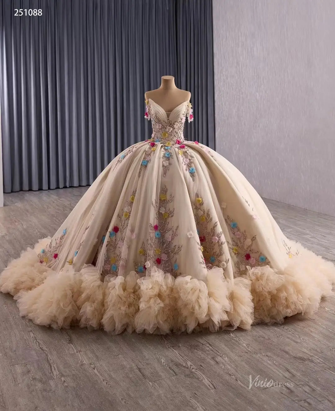 Pink Quinceaera Ball Gown | Gold Embroidered Dress with Multicolor 3D Viniodress Pink Quinceaera Ball Gown | Gold Embroidered Dress with Multicolor 3D Viniodress