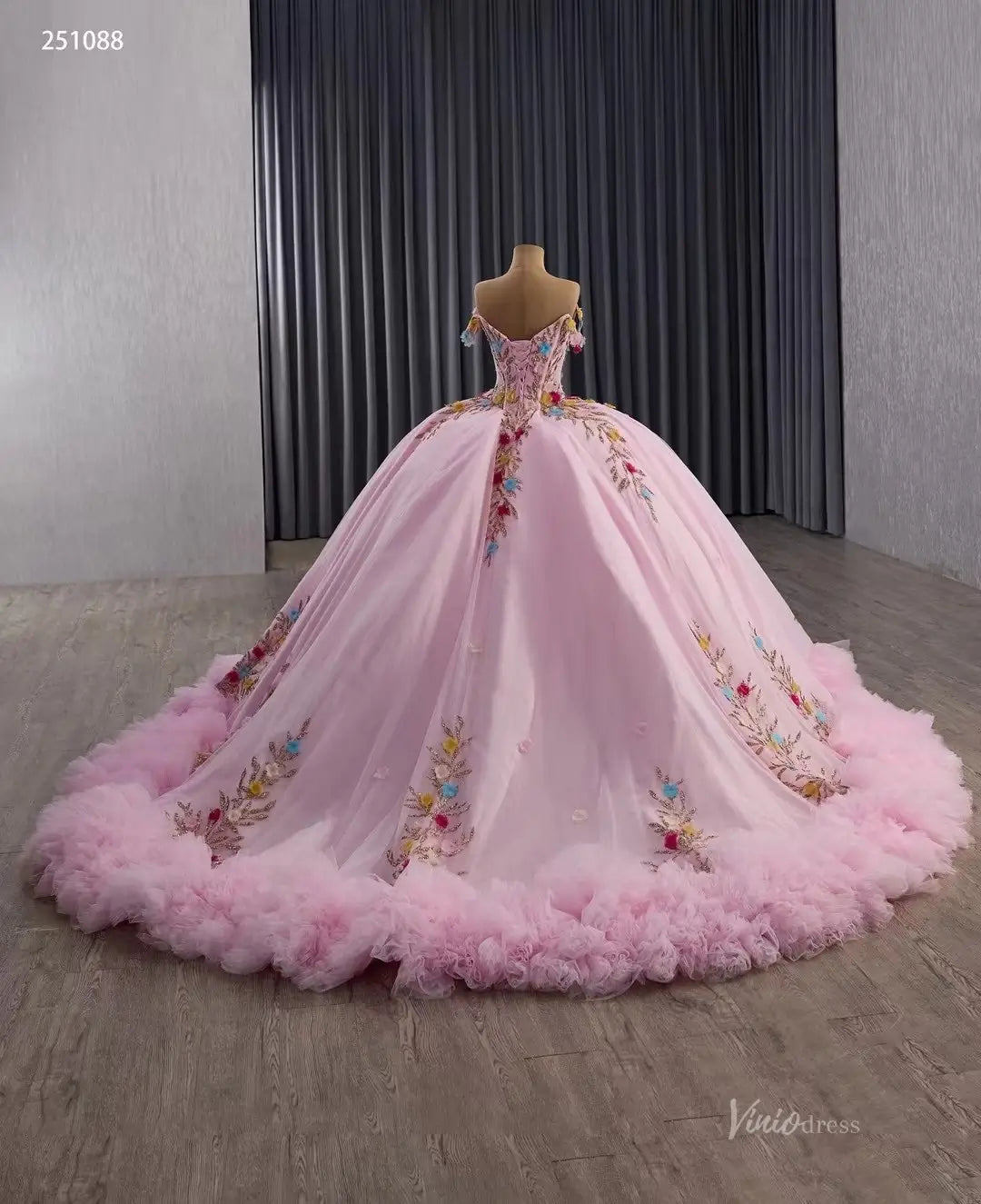 Pink Quinceaera Ball Gown | Gold Embroidered Dress with Multicolor 3D Viniodress Pink Quinceaera Ball Gown | Gold Embroidered Dress with Multicolor 3D Viniodress