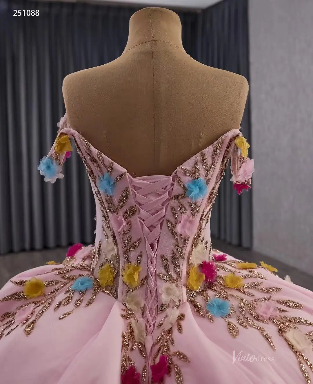 Pink Quinceaera Ball Gown | Gold Embroidered Dress with Multicolor 3D Viniodress Pink Quinceaera Ball Gown | Gold Embroidered Dress with Multicolor 3D Viniodress