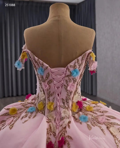 Pink Quinceañera Ball Gown | Gold Embroidered Dress with Multicolor 3D Flowers & Ruffled Train 251088-Quinceanera Dresses 2025 -Viniodress-Champagne-Custom Size-
