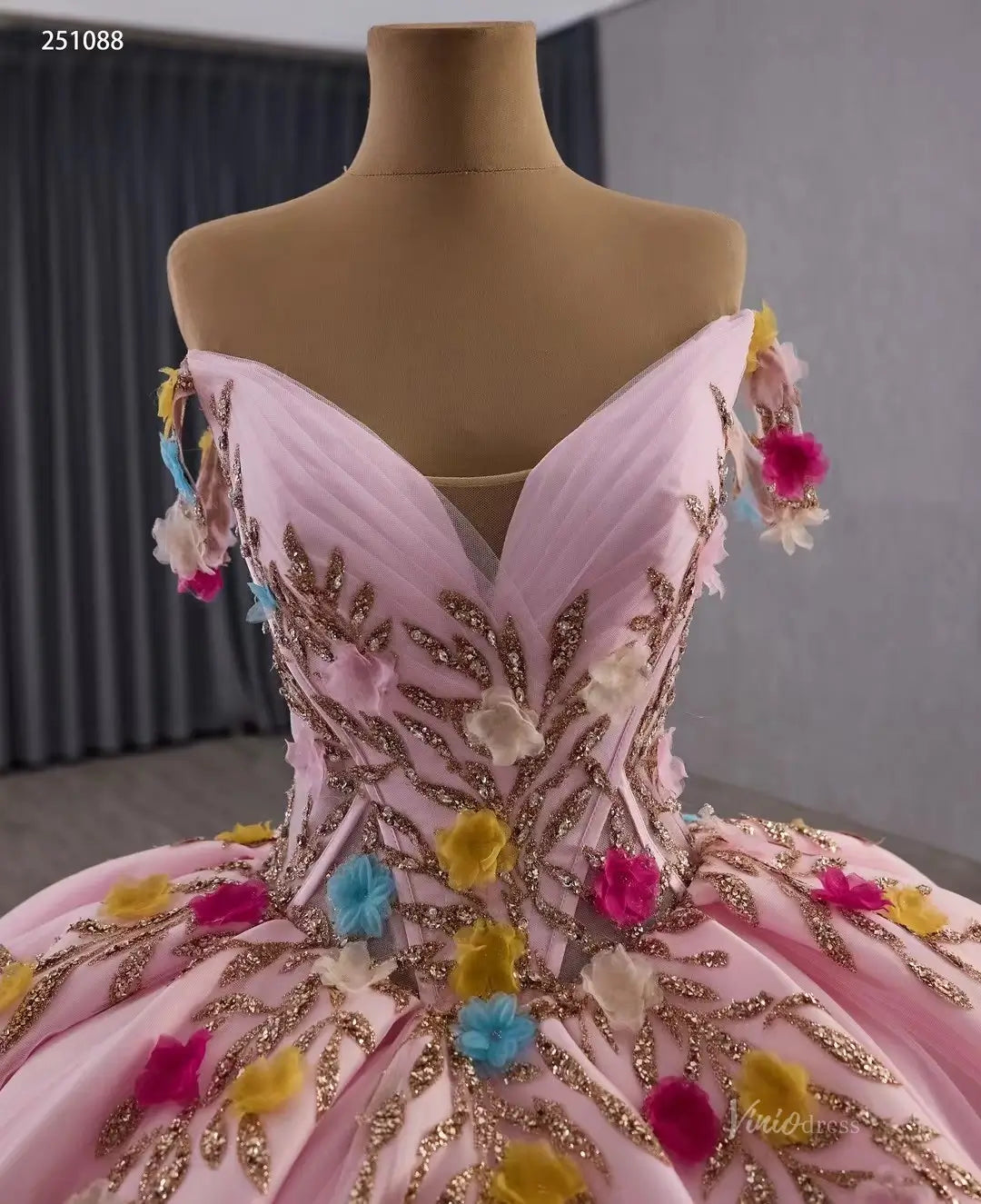 Pink Quinceañera Ball Gown | Gold Embroidered Dress with Multicolor 3D Flowers & Ruffled Train 251088-Quinceanera Dresses 2025 -Viniodress-Champagne-Custom Size-