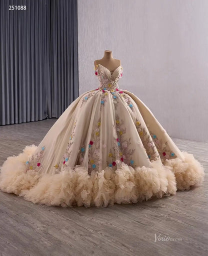 Pink Quinceañera Ball Gown | Gold Embroidered Dress with Multicolor 3D Flowers & Ruffled Train 251088-Quinceanera Dresses 2025 -Viniodress-Champagne-Custom Size-