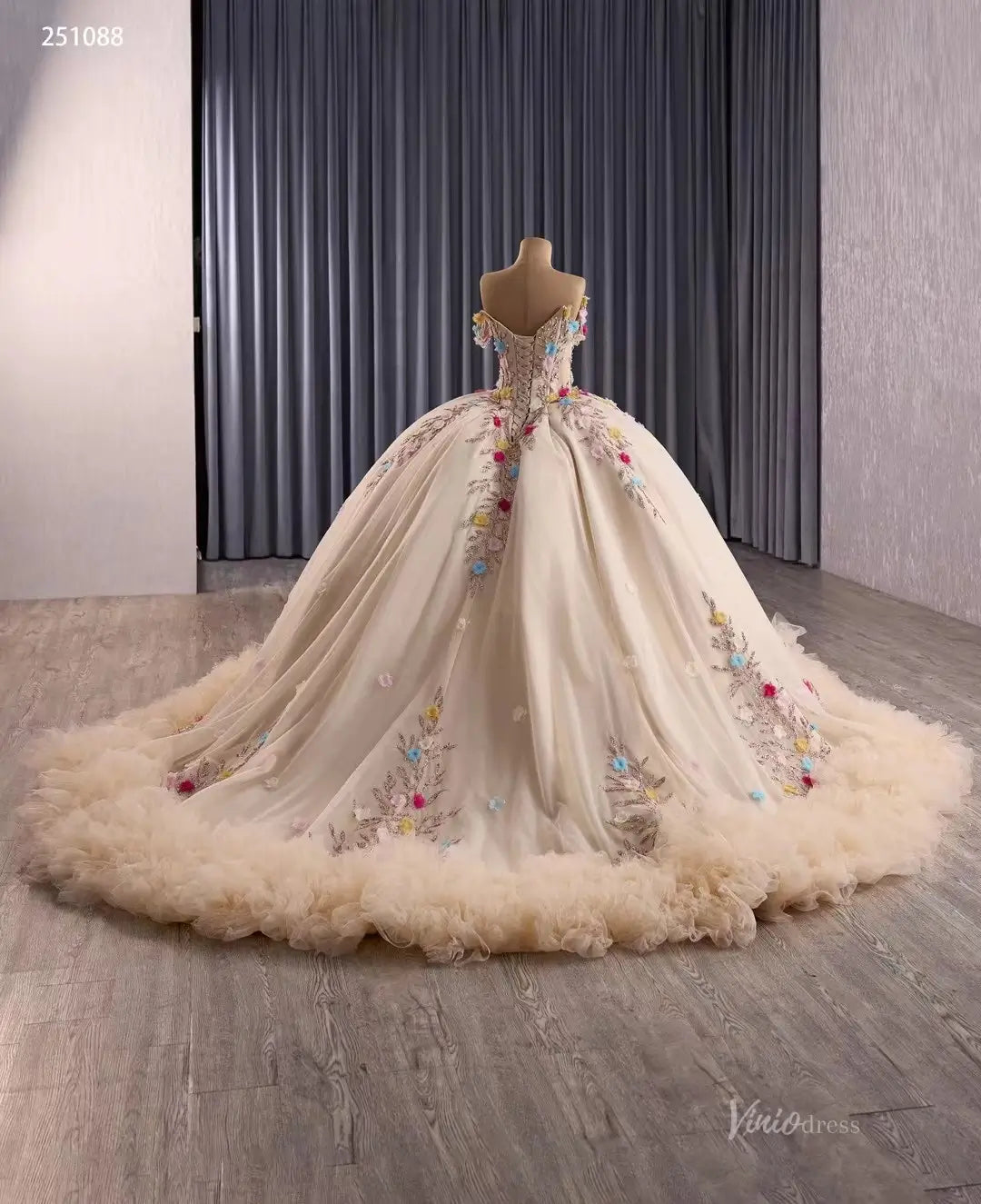 Pink Quinceañera Ball Gown | Gold Embroidered Dress with Multicolor 3D Flowers & Ruffled Train 251088-Quinceanera Dresses 2025 -Viniodress-Champagne-Custom Size-