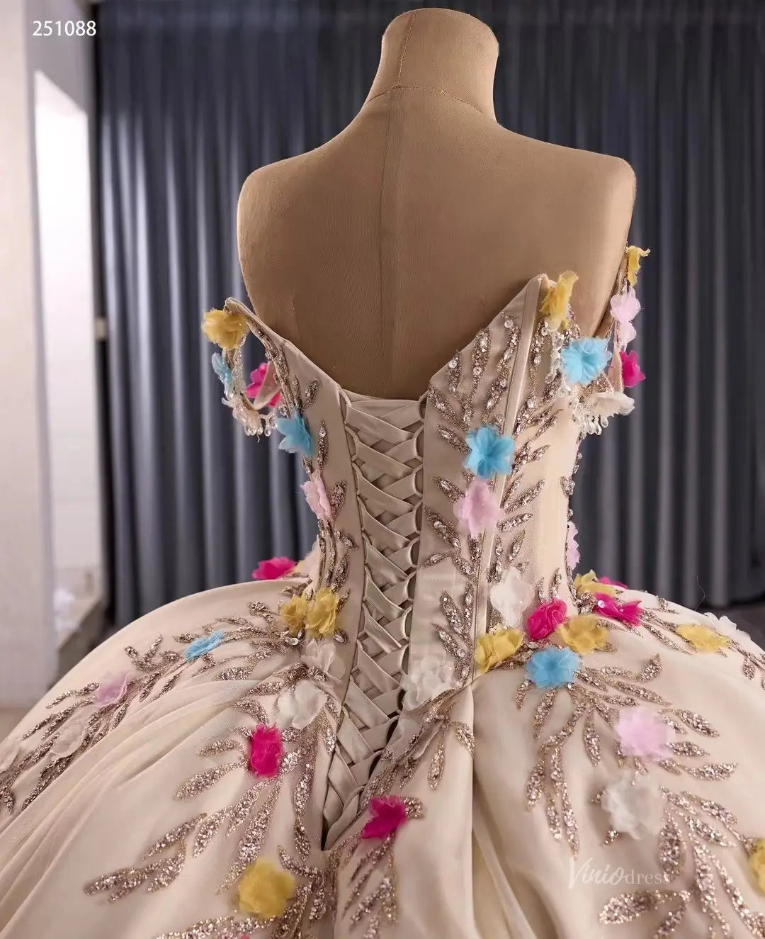 Pink Quinceaera Ball Gown | Gold Embroidered Dress with Multicolor 3D Viniodress Pink Quinceaera Ball Gown | Gold Embroidered Dress with Multicolor 3D Viniodress