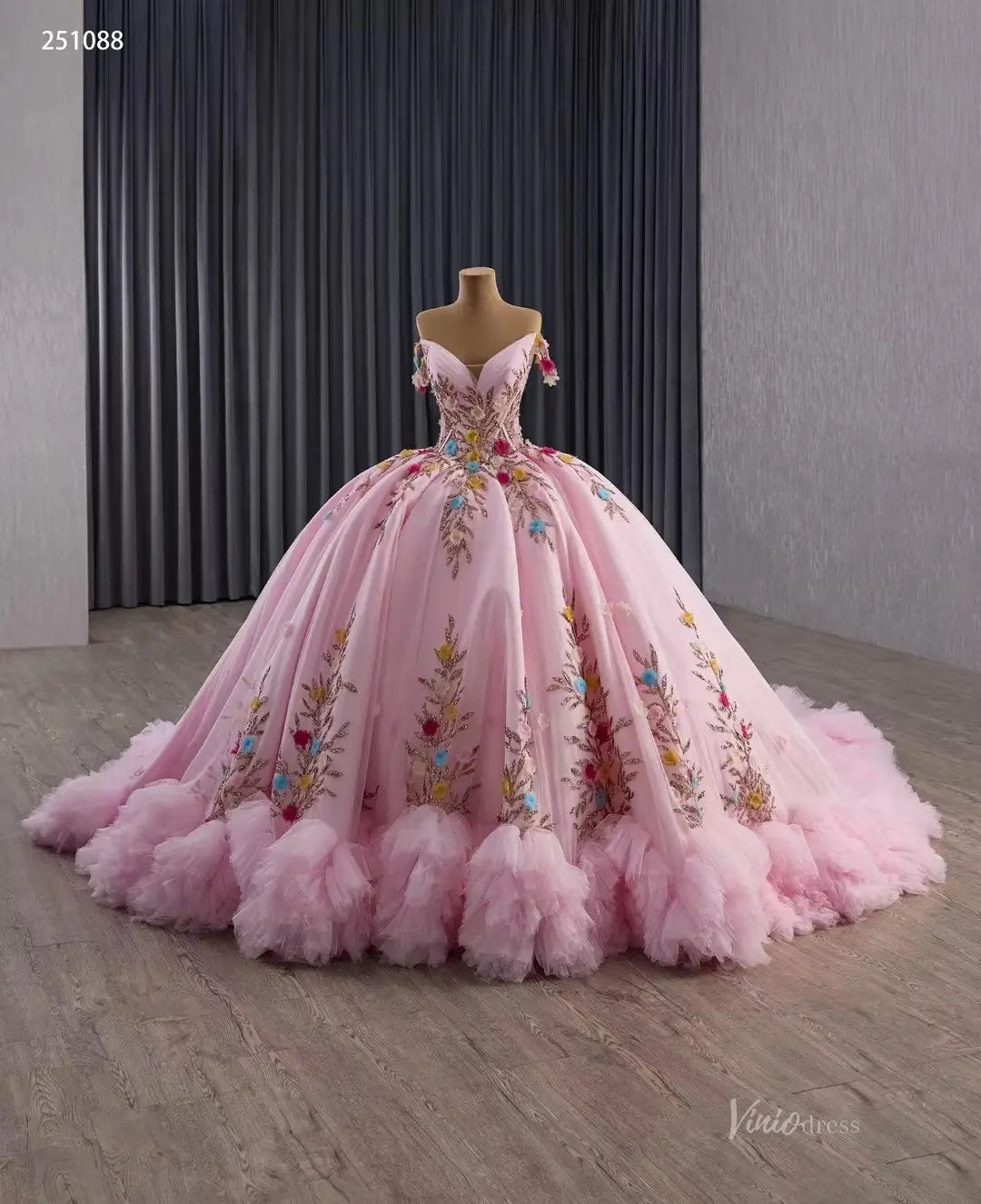 Pink Quinceañera Ball Gown | Gold Embroidered Dress with Multicolor 3D Flowers & Ruffled Train 251088-Quinceanera Dresses 2025 -Viniodress-Champagne-Custom Size-