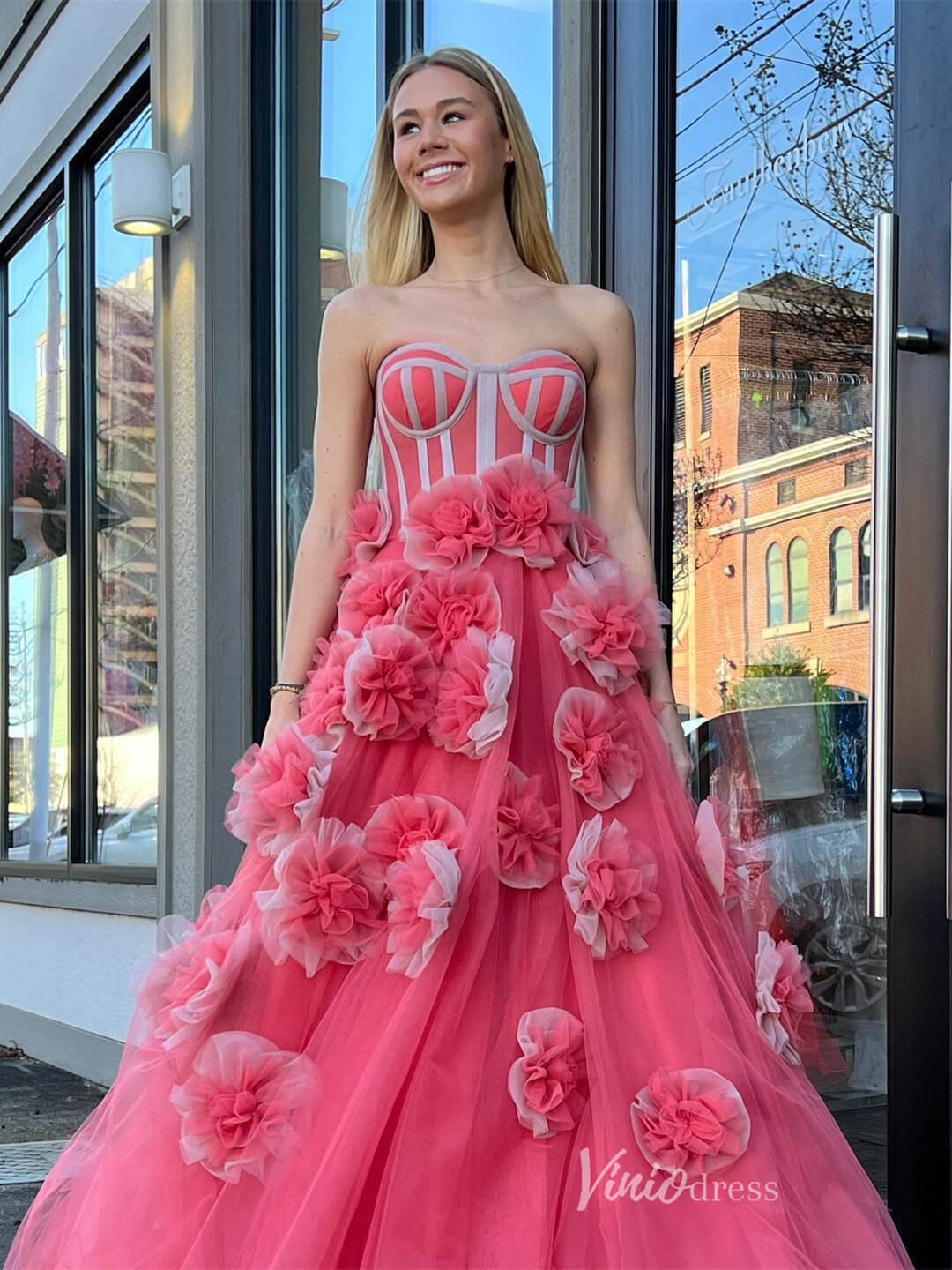 Pink Rose Blossom Prom Dresses Strapless Boned Bodice 3D Flower