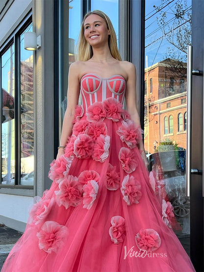 Pink Rose Blossom Prom Dresses Strapless Boned Bodice 3D Flower Princess Dress FD4104-prom dresses 2025 -Viniodress-Pink-Custom Size-
