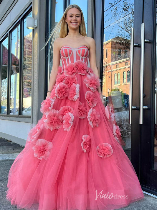 Pink Rose Blossom Prom Dresses Strapless Boned Bodice 3D Flower Princess Dress FD4104-prom dresses 2025 -Viniodress-Pink-Custom Size-