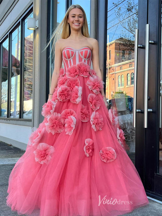 Pink Rose Blossom Prom Dresses Strapless Boned Bodice 3D Flower Princess Dress FD4104 - Viniodressprom dressesPinkCustom Size - Formal Dresses - Ball Gowns