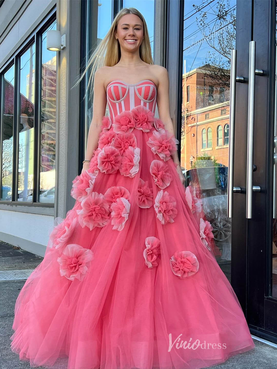 Pink Rose Blossom Prom Dresses Strapless Boned Bodice 3D Flower Princess Dress FD4104-prom dresses-Viniodress-Pink-Custom Size-Viniodress