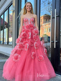Pink Rose Blossom Prom Dresses Strapless Boned Bodice 3D Flower Princess Dress FD4104