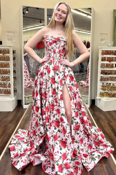 Pink Rose Print Strapless Prom Dress with High Slit YH003 Viniodress Pink Rose Print Strapless Prom Dress with High Slit YH003 Viniodress