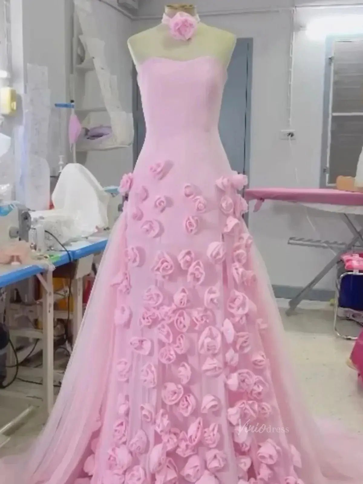 Pink Rose Prom Dresses Flower Blossom Sheath Wedding Dress Strapless BD037B-prom dresses 2025 -Viniodress-Pink-Custom Size-