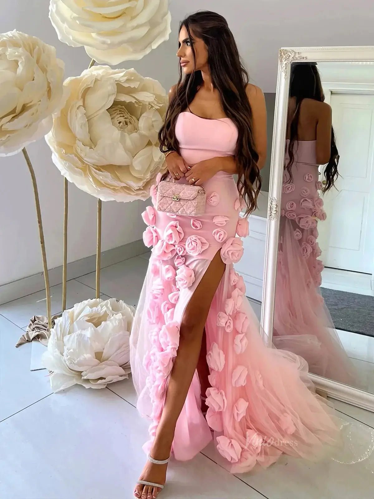 Pink Rose Prom Dresses Flower Blossom Sheath Wedding Dress Strapless BD037B-prom dresses 2025 -Viniodress-Pink-Custom Size-