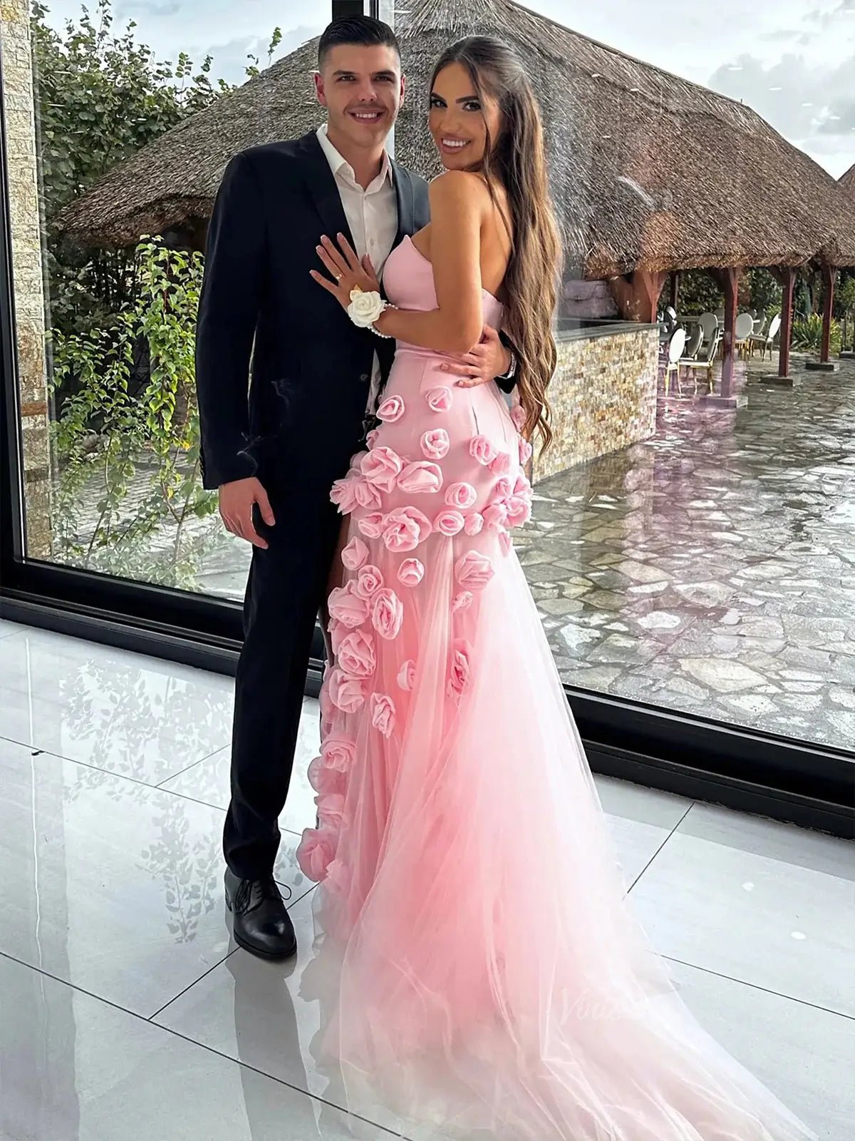 Pink Rose Prom Dresses Flower Blossom Sheath Wedding Dress Strapless BD037B-prom dresses 2025 -Viniodress-Pink-Custom Size-