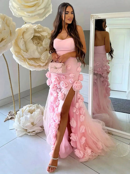 Pink Rose Prom Dresses Flower Blossom Sheath Wedding Dress Strapless BD037B-prom dresses 2025 -Viniodress-Pink-Custom Size-