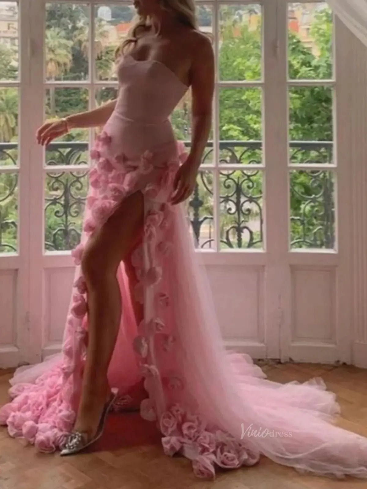 Pink Rose Prom Dresses Flower Blossom Sheath Wedding Dress Strapless BD037B-prom dresses 2025 -Viniodress-Pink-Custom Size-